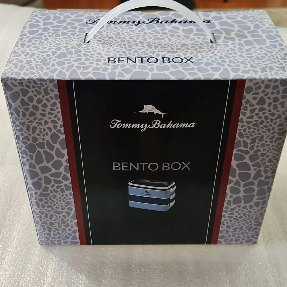 NIB Tommy Bahama Bento Box Blue White Leak Proof Lunch Container + Cutlery